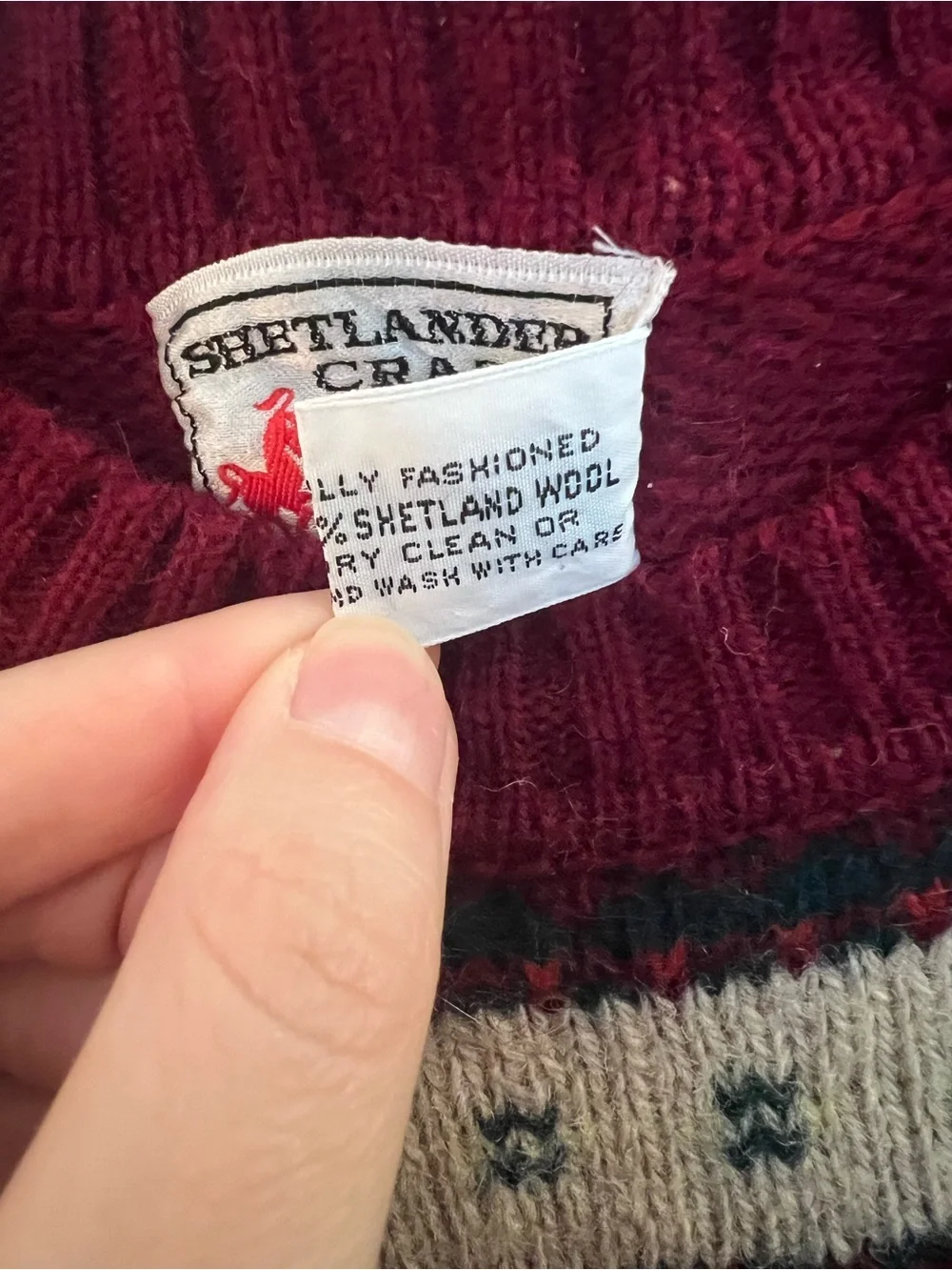 Vintage 1970s 1980s Shetland Wool Burgundy Fair Isle Sweater with Puff Sleeves